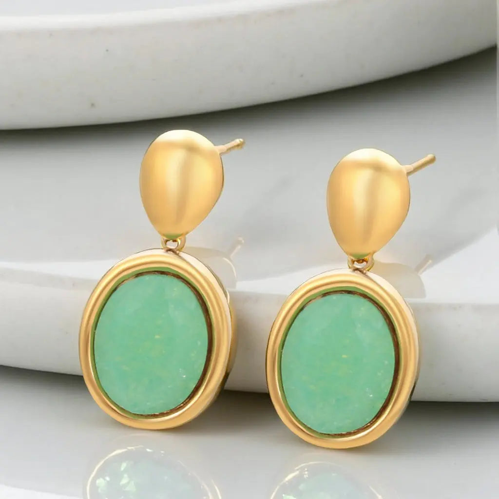 HEDDA Gold Drop Earrings with Green Stone | Statement Earrings for Women
