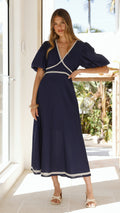 Rochie midi bleumarin din in cu dantela (syncee)