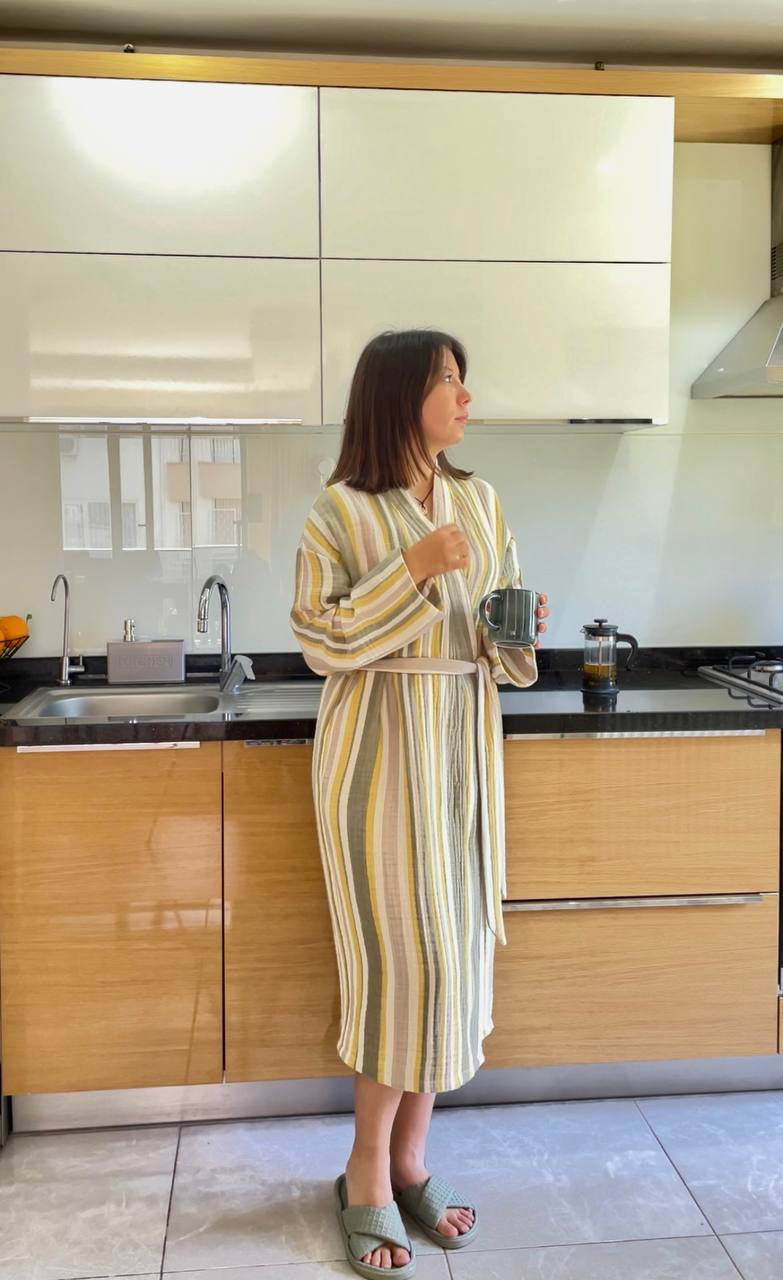 4-Layer Muslin Adult Bathrobe Striped