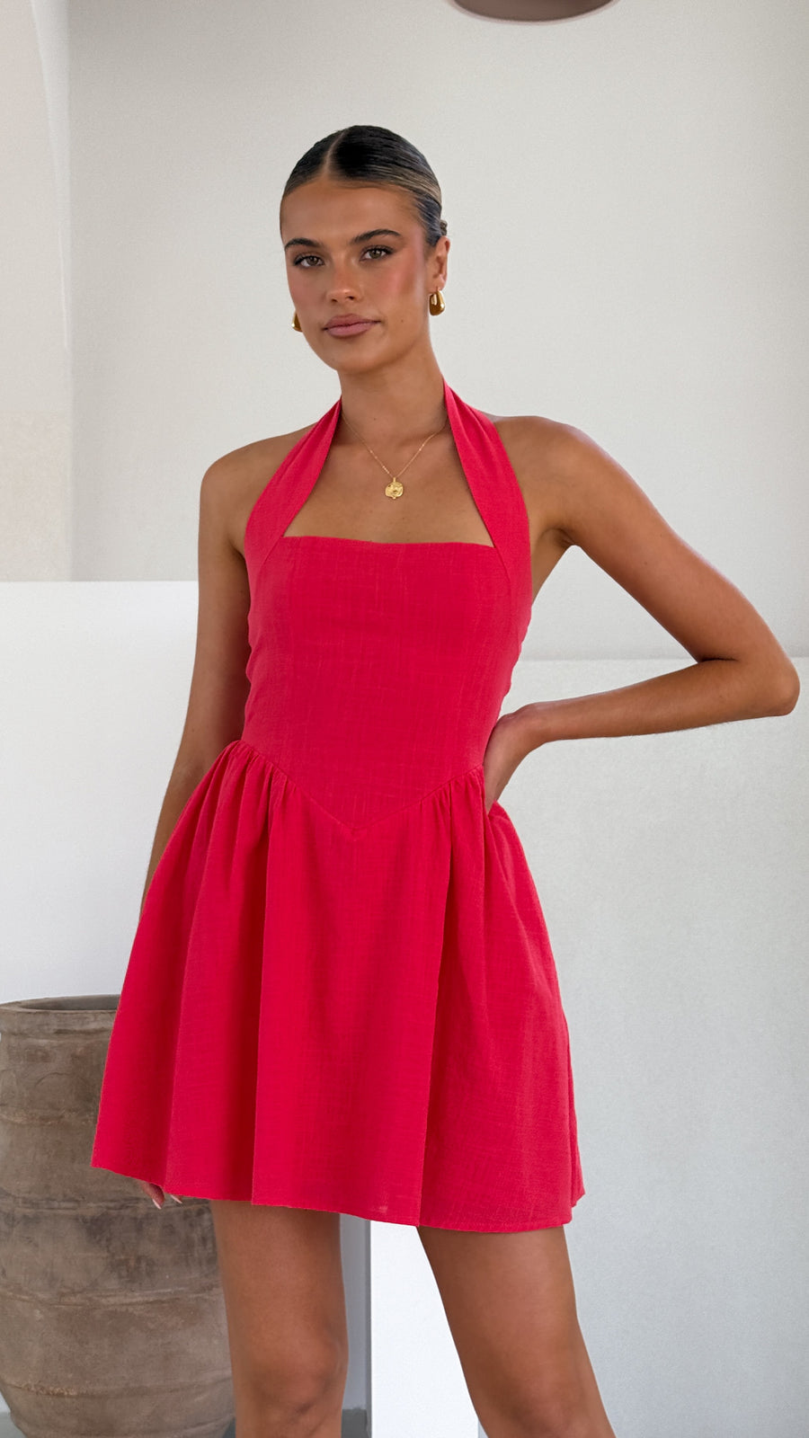 Rochie mini roșie din in