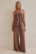 Chocolate Brown Linen Co-ord Set – Strapless Pleated Top & Wide-Leg Pants