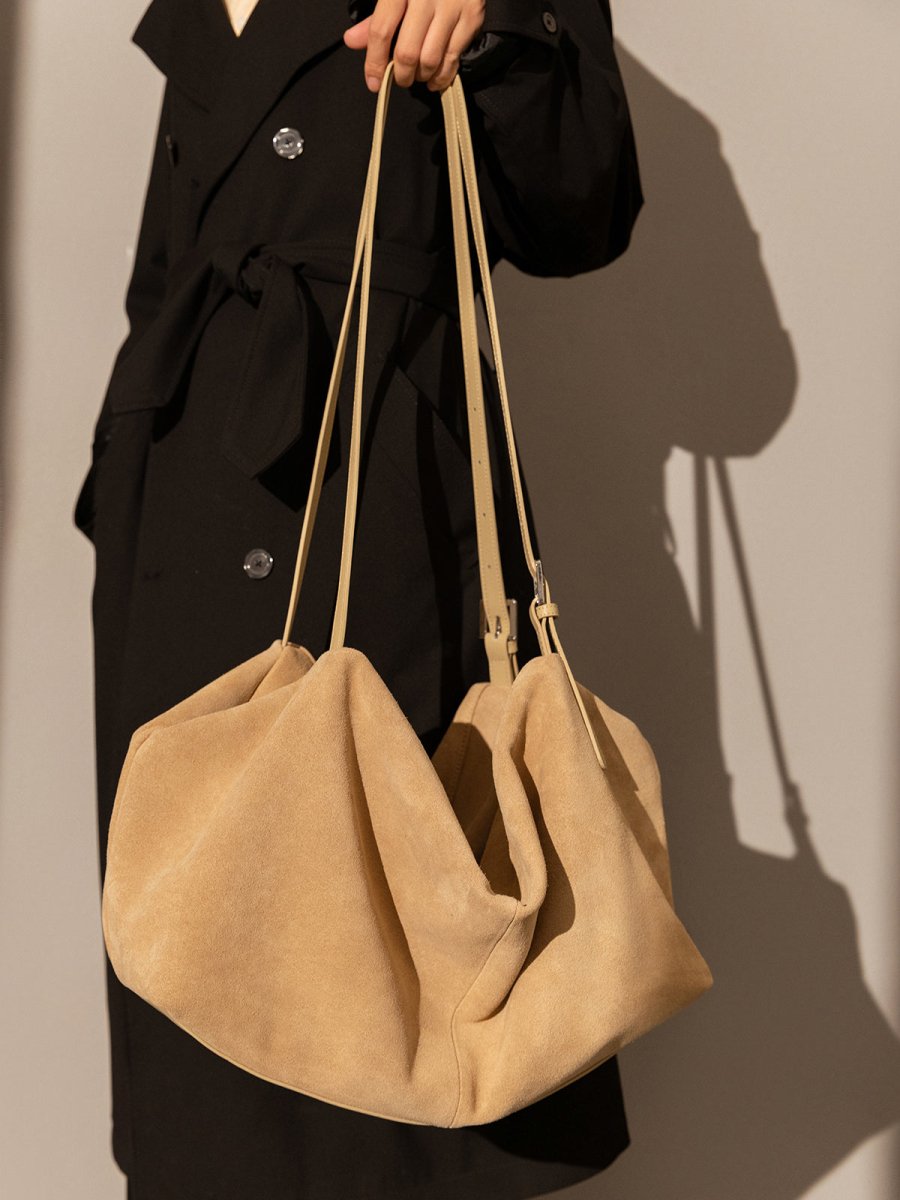 Slouchy Suede Leather Shoulder Bag – Oversized Soft Suede Hobo Bag with Adjustable Double Straps