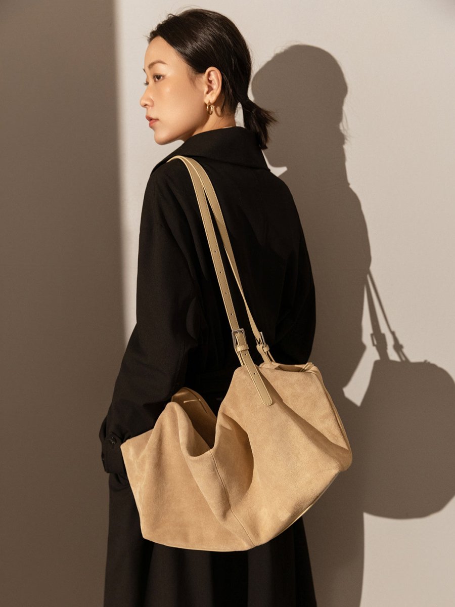 Slouchy Suede Leather Shoulder Bag – Oversized Soft Suede Hobo Bag with Adjustable Double Straps