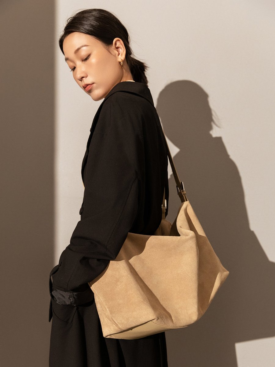 Slouchy Suede Leather Shoulder Bag – Oversized Soft Suede Hobo Bag with Adjustable Double Straps